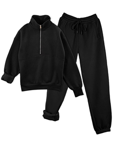 Conjunto Deportivo Unisex Negro, Sudadera con Media Cremallera, Pantalones con Cordón, Color Sólido, Estilo Casual, Manga Larga, Corte Holgado, Estilo Otoñal - Product Image 4