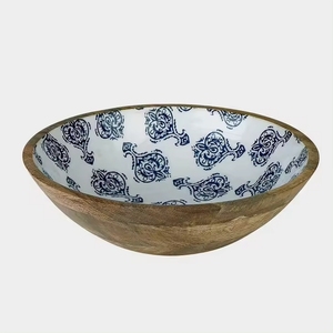 Bol en bois de service en bois de manguier taille personnalisée fini naturel avec émail imprimé en 2 pièces décor à la maison - Product Image 2