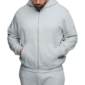 Sweat à capuche d'hiver gris uni, coupe régulière, 100 % coton molletonné épais, respirant, coupe-vent, écologique, avec fermeture éclair intégrale et logo personnalisé - Product Image 1