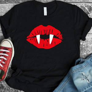 T-shirt Halloween Lèvres de Vampire pour Femme, en Jersey Respirant, Coupe Ample Sexy, Longueur Courte, Décoration Lettres, XS-5XL, pour l'Été - Product Image 1