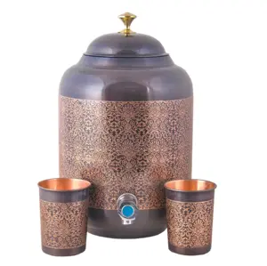 Pure Copper Water Dispenser Pot Matka Antique Eching Storing Water and Drinking Purpose with Tap and Ayurveda Benefits