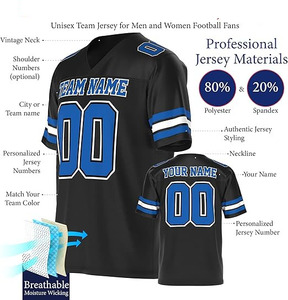 Camiseta deportiva personalizada American Foot Ball negra con detalles azules y blancos. Incluye el texto "NOMBRE DEL EQUIPO" y el número "00" - Product Image 1