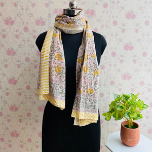 Bufanda de algodón con estampado de bloques para mujer, envoltura larga de Biikiini, bufanda de algodón con estampado de bloques florales bohemios, envoltura de gasa azul ligera - Product Image 1