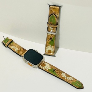 New Arrival Handmade Genuine Leather Custom Design Western Floral <b>Tooled</b> Painted <b>Watch</b> Band Boho Western Replacement <b>Watch</b> <b>Strap</b> - Product Image 1