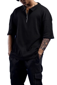 T-shirt Homme Premium Noir Demi-Zip Coupe Oversize Streetwear Manches Courtes Tricot Côtelé Décontracté Style Minimaliste Moderne - Product Image 2