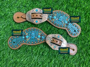 สายรัดอานม้าหนังแท้สไตล์ตะวันตกจากอาร์เจนตินา สำหรับผู้หญิง ลายหนังจระเข้สีเทอร์ควอยซ์ ประดับหัวกระทิง - Product Image 5