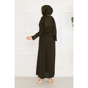 Abaya Hijab in Chiffon con Dettagli Floreali in Pizzo, Silhouette Dritta, Colore Kaki, con Bellissima Stampa Floreale - Product Image 5