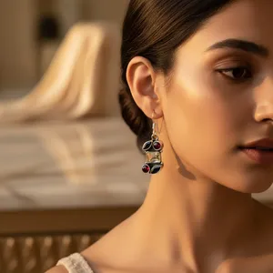 Boucles d'oreilles pendantes vintage pour femmes en argent 925 avec citrine et grenat, avec pendentif en or 18 carats et perle en or blanc et boucles d'oreilles pendantes - Product Image 3