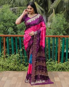 Elegante y bonita ropa india y paquistaní pura Bandhej seda Saree boda Saree para mujeres usan sari de algodón indio - Product Image 3