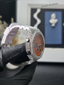 Iced Out Orange Case Dial Round Cut VVS Moissanite Diamond Bust <b>Down</b> Watch For Unisex Party Wear Watch - Product Image 3