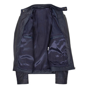 Chaqueta de motorista de cuero genuino azul de estilo informal clásico para hombre, chaqueta de cuero de motorista Real ajustada de manga larga con cuello levantado y cremallera frontal - Product Image 6