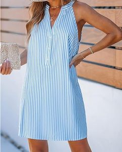 Vestido de playa para mujer, minivestido sin mangas con cuello levantado con rayas verticales, ajuste relajado, perfecto para un look informal de verano - Product Image 6