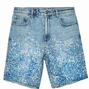 Pantalones cortos de mezclilla Vintage de alta calidad para hombre, pantalones cortos holgados con diamantes de imitación desgastados y cintura media, estilo de calle de verano, pantalones cortos para hombre - Product Image 3