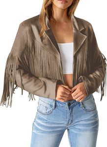 <b>Women</b> Boyfriend Cropped <b>Jackets</b> <b>Suede</b> Fringe Long Sleeve Slim Faux <b>Suede</b> Leather <b>Jacket</b> Cowboy Style Long Sleeve Tassels Coats - Product Image 4