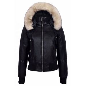 RIVIAN ATLANTIC Premium Chaqueta con capucha de cuero genuino negro para mujer, chaqueta de cuero estilo bombardero con capucha - Product Image 1