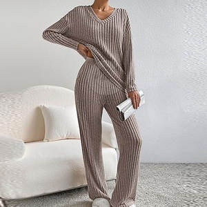 ชุดลำลองผ้าคอตตอนผสมสำหรับผู้หญิง ทรงหลวมใส่สบาย เหมาะสำหรับอยู่บ้านและเดินทาง ผ้าถักนุ่มแบบริบ - Product Image 4