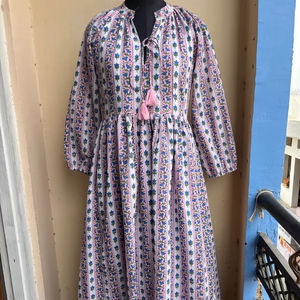 Bohème Chic Floral main bloc imprimé robe mi-longue 100% coton brodé gland décoré décontracté Maxi longueur été pour les femmes - Product Image 1