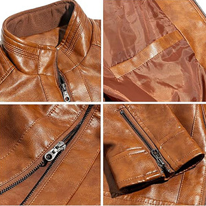 Veste en cuir pour moto à col montant pour homme, légère, en simili cuir, fermeture éclair, marron, décontractée, unisexe, veste personnalisée authentique - Product Image 5