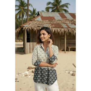 เสื้อเชิ้ตผู้หญิงสองสี ผ้าป๊อปลิน 100% ผ้าฝ้าย ติดกระดุม พิมพ์ลาย - Product Image 1