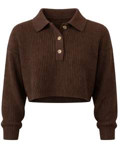 <b>Womens</b> Brown Ribbed Knit Cropped Polo Sweater With Button Placket Long Sleeve Soft Winter Fashion <b>Top</b> For <b>Women</b> Casual Wear <b>Warm</b> - Product Image 1