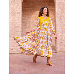 Vestido Maxi Elegante con Mangas Abullonadas y Estampado Floral, Estilo Bohemio, Largo hasta el Suelo, en Modal - Product Image 2