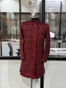 Luxury Maroon Embroidered Sherwani Suit for Men Wedding Kurta Koti Set Indo Western Blazer For Bulk Order Groom Party Wear Kurta - Product Image 2