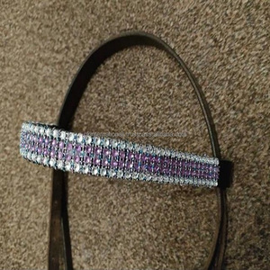 Bande de front de cheval en cuir noir de luxe pour bride avec Designer Purple Color Sparkling Bling Diamante dans toutes les tailles - Product Image 6