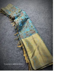 衣料品デザイナーによる再販に最適なティッシュファブリックに花の刺繍が施されたカスタムメイドの刺繍サリー