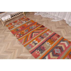 3.1x10.8 ft Vintage <b>Rug</b>, Turkish <b>Runner</b> <b>Rug</b>, Orange Pink Bordered Wool <b>Rug</b> - Product Image 4