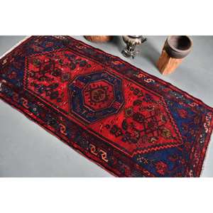 Traditional <b>Red</b> Blue Patchwork Wool Rug 3.4 X 7.1ft Vintage Turkish Design for Living Room Decorations <b>Latex</b> Backed 9x12 Carpet - Product Image 4