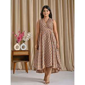 Vestido Asimétrico Estampado de Algodón Butti Beige y Azul, Casual y Elegante, Ropa de Mujer ODM, Transpirable, Talla Única XL, Cintura Natural - Product Image 3