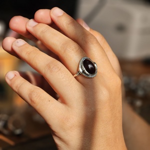 Garnet Oval Silver <b>Ring</b> Big Garnet Oval Gemstone Silver <b>Ring</b> <b>Thin</b> Band with Big Gemstone Silver <b>Ring</b> - Product Image 4