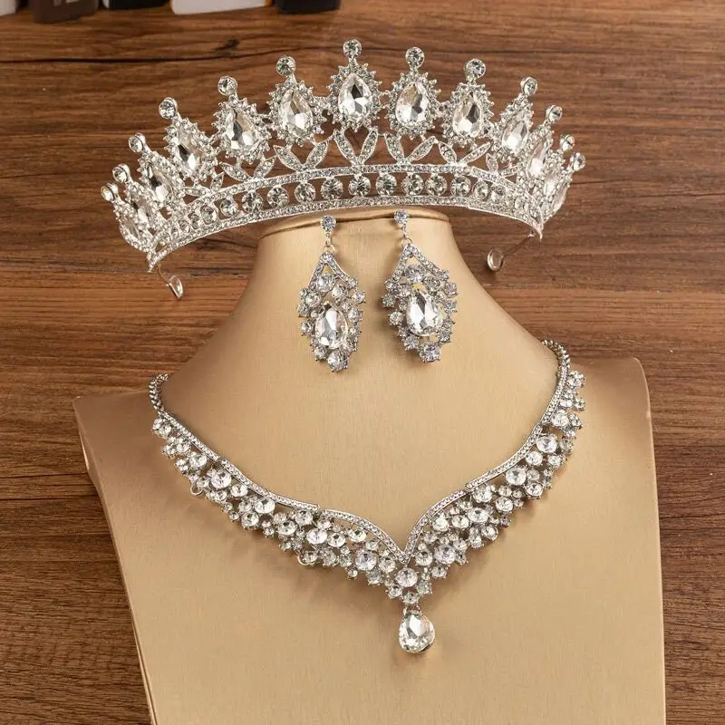 Multi colore corona da principessa da sposa con collana e orecchini di cristallo da sposa diadema blu da sposa