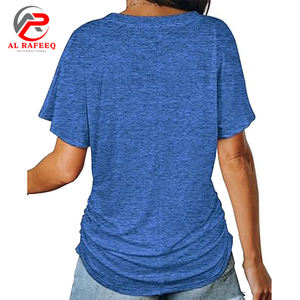 Camisetas plisadas de manga corta con cuello en V para mujer, Túnica básica holgada de verano con fruncido lateral, camisetas informales, Top de entrenamiento de algodón - Product Image 2