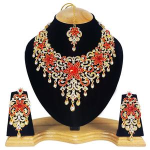 Vintage Style <b>Gold</b> Plated Crystal Zircon Alloy Jewelry Set <b>Necklace</b> Earrings Headpiece Women Wedding Anniversary Party Red Gift - Product Image 1