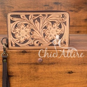 Hand Tooled Leather Wallet for Women <b>Zip</b> Continental Purse Clutch Card Case Western Brown Tan Vintage Long Wallet Gifts for Her - Product Image 1