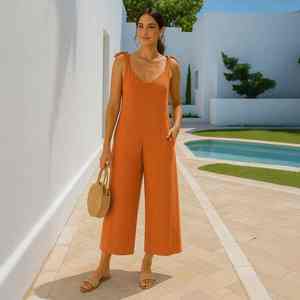 Women Summer <b>Jumpsuit</b> Comfortable <b>Wide</b> <b>Leg</b> Boho Sleeveless Romper Adjustable Tie Straps Lace Sweet Style Natural Outfit - Product Image 2