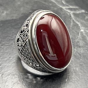 Handmade Vintage Oval Statement <b>Ring</b> for <b>Men</b> Bold Agate Gemstone Jewelry <b>Silver</b> Red Color Unique Fashion Accessory Gift for Him - Product Image 3