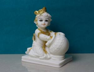 Murti para Decoración del Hogar, Templo, Pooja, Regalo de Buena Suerte, Estatua de Resina Blanca Hecha a Mano del Señor Krishna Comiendo Mantequilla, Diwali, Nirmala - Product Image 1