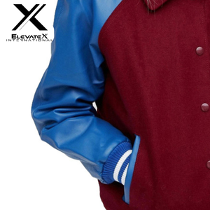 ELEVATEX INTERNATIONAL Women's Varsity Jacket Maroon Blue PU Leather Sleeves Letter A Embroidered Front Turn-down Collar - Product Image 4