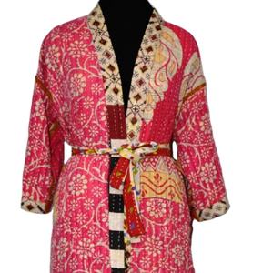 Hot Selling Floral Printed Design Knee Length and Long Sleeves <b>Kimono</b> Robe Quilted Kantha <b>Jacket</b> in Beautiful Pink Color - Product Image 1
