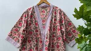 Indian Block Print Floral Cotton Kimono Robe Lightweight Bath Robe - Product Image 3