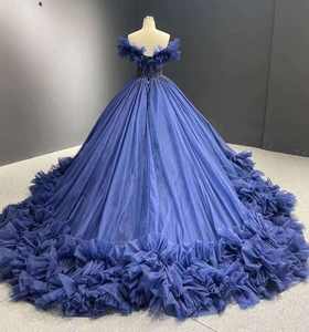 露肩无袖v领分层褶边百褶柔软薄纱深蓝色舞会礼服 - Product Image 3