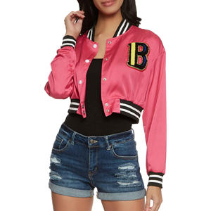 OEM Custom High Quality Ladies Cropped Full Satin <b>Varsity</b> Bomber <b>Jackets</b> New Stylish <b>Vintage</b> Embroidered Letterman <b>Jackets</b> for - Product Image 3