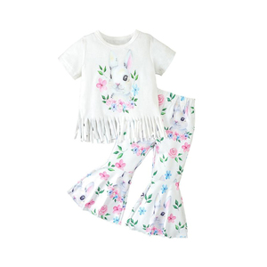 ชุดเสื้อผ้าสำหรับเด็กผู้หญิงชุดเสื้อยืดคอกลมพิมพ์ลายกระต่ายและดอกไม้ชุดเสื้อผ้าระบายอากาศได้สำหรับฤดูร้อน - Product Image 1