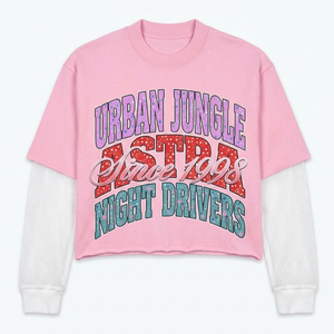 Custom <b>Logo</b> Premium 240 GSM Cotton Blend Double Layer T Shirt Pink Graphic Print White Mesh Layered Sleeve Shirt - Product Image 1
