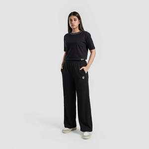 Pantalon décontracté taille mi-haute à jambe large, fermeture élastique, en tissu éponge respirant, style cargo, effet froissé, couleur noire, pour l'automne - Product Image 3