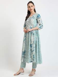 ชุด anarkali Palazzo สำหรับผู้หญิงพิมพ์ลายดอกไม้สีฟ้าและสีขาวแขน3/4สำหรับเด็กผู้หญิง - Product Image 6