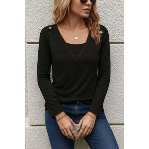Blusa de felpa con detalle de botones y cuello en V de manga larga para mujer, 28456 - Negro - Product Image 3