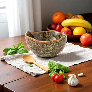 Bol de service en grès avec glaçure rustique, vaisselle de cuisine fonctionnelle, idéal pour les repas à la maison, les salades et les collations, provenant d'Inde - Product Image 5